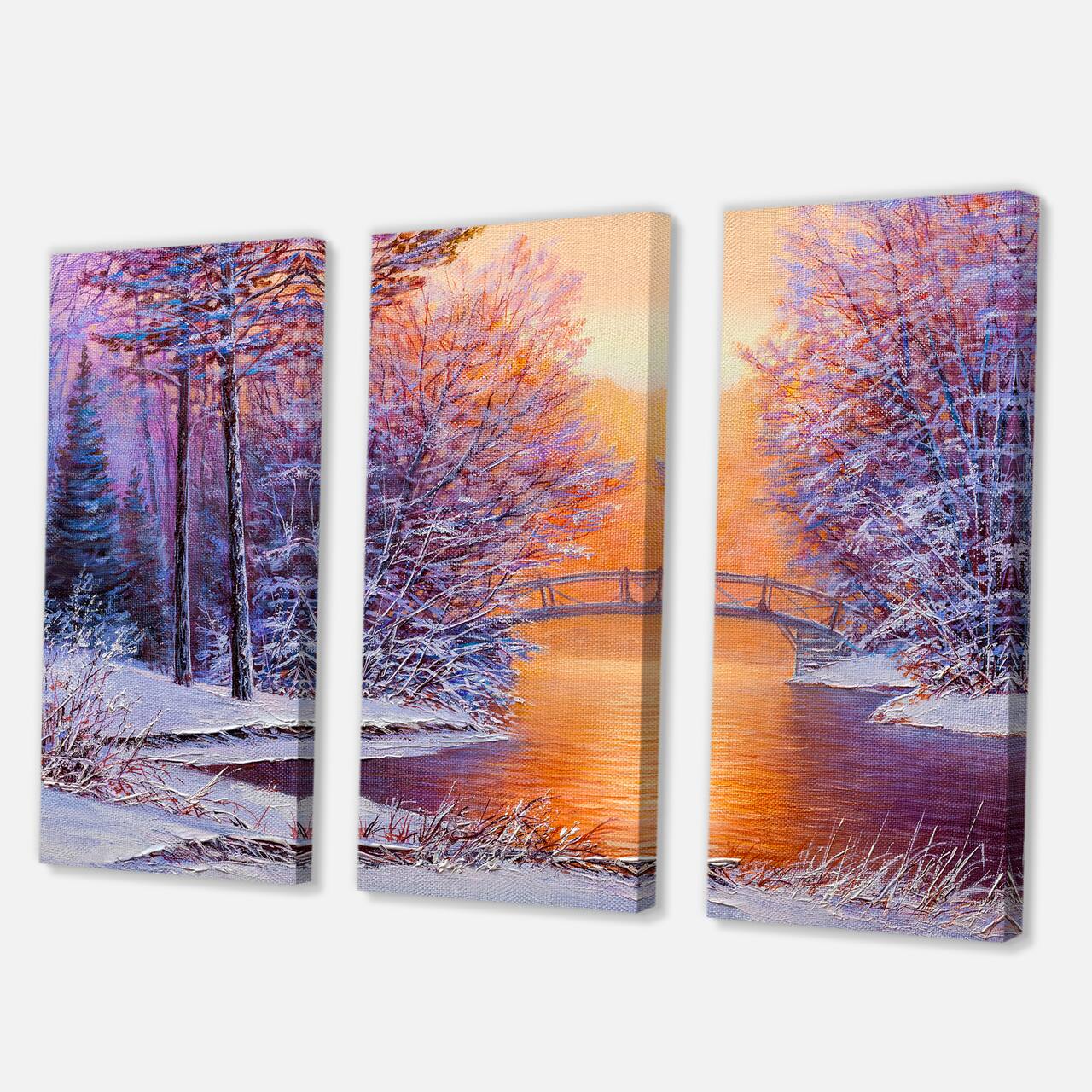 Designart - Bridge Over The River In Winter Landscape - Traditional Canvas Wall Art Print